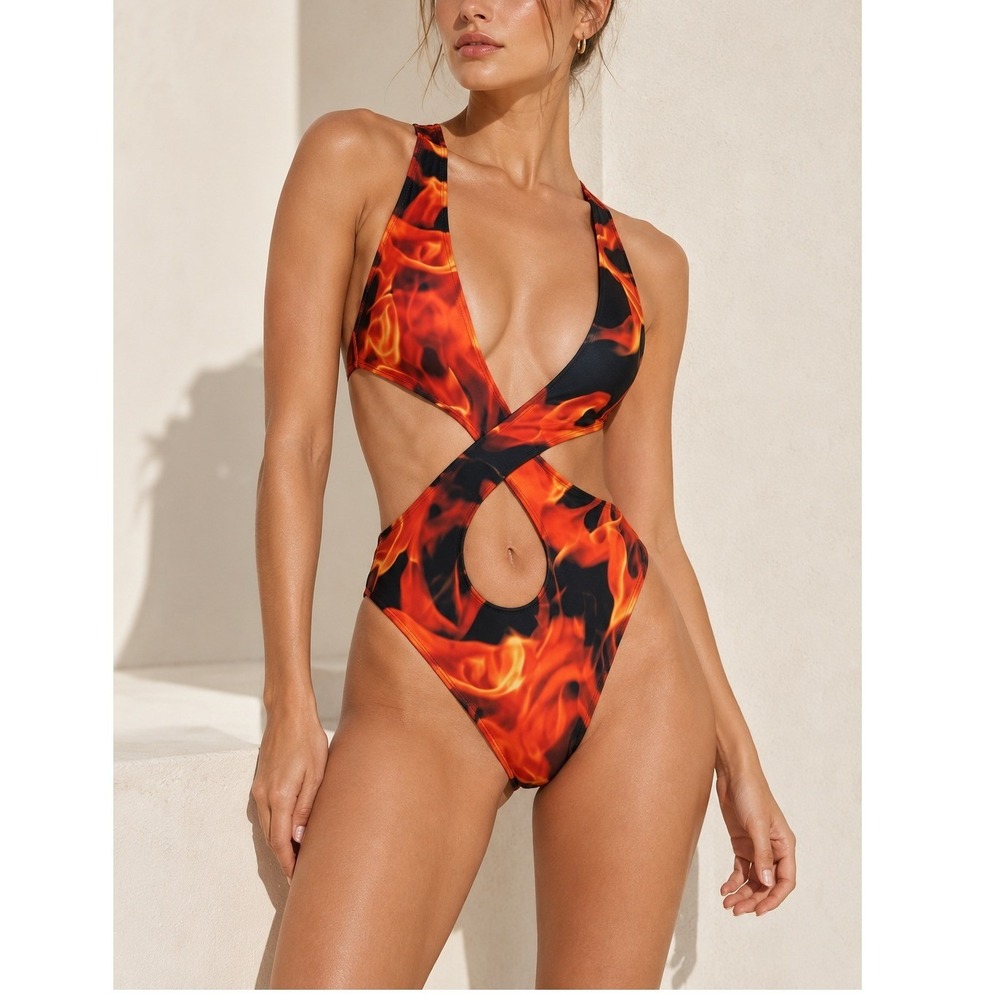 ALT Juno Crossover One-Piece Swimsuit Women's XS Fiamma Flame Print Cutout New